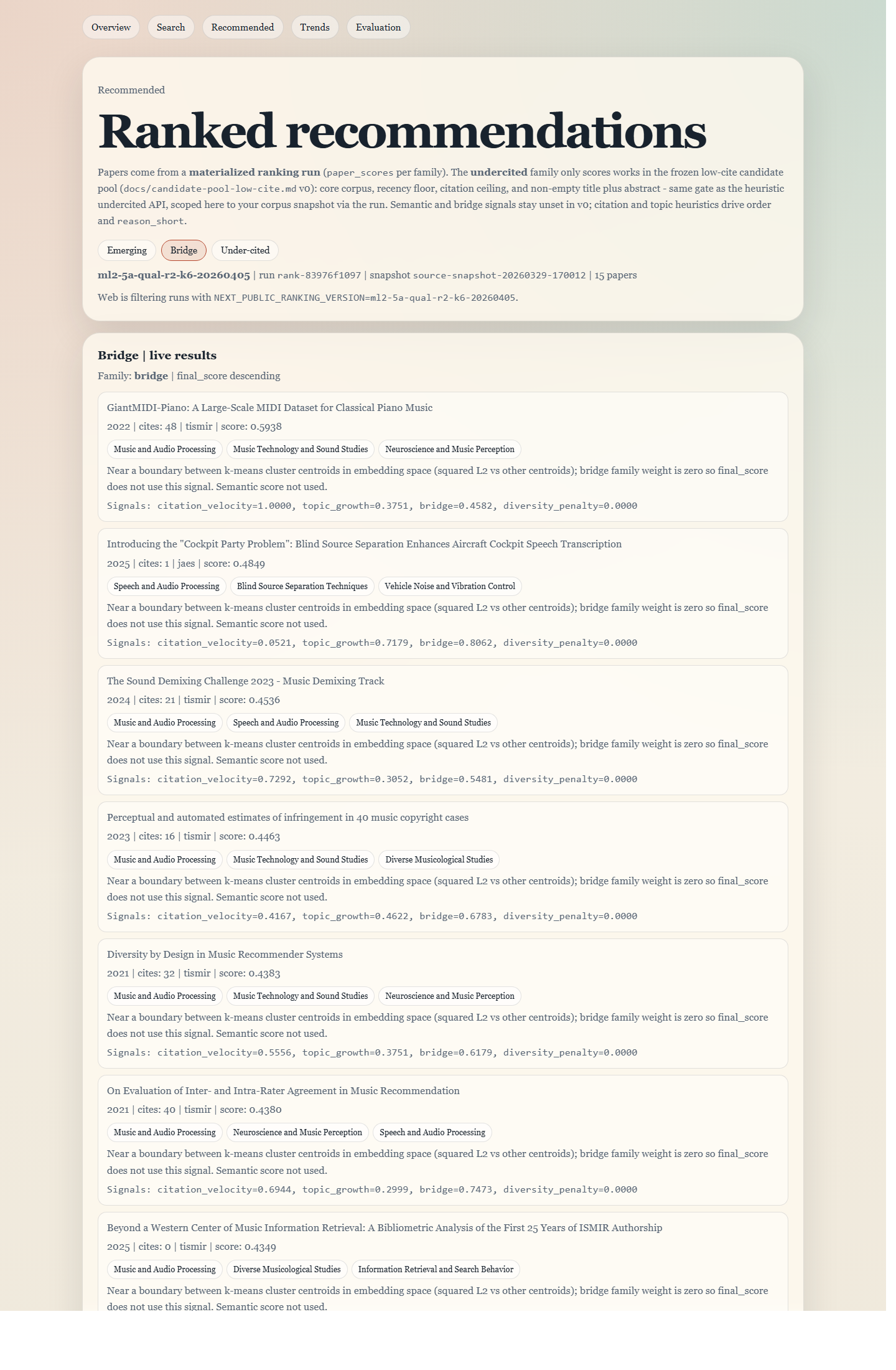 Research Radar bridge recommendation page showing bridge scores with experimental framing